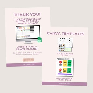 May include: A digital download for a printable autism family travel planner, visual schedule template, and behavior support badge cards. The planner is a spreadsheet that can be used to plan trips and activities. The visual schedule template is a visual aid that can be used to help children with autism understand the sequence of events. The behavior support badge cards are a set of cards that can be used to help children with autism learn and practice appropriate behaviors.