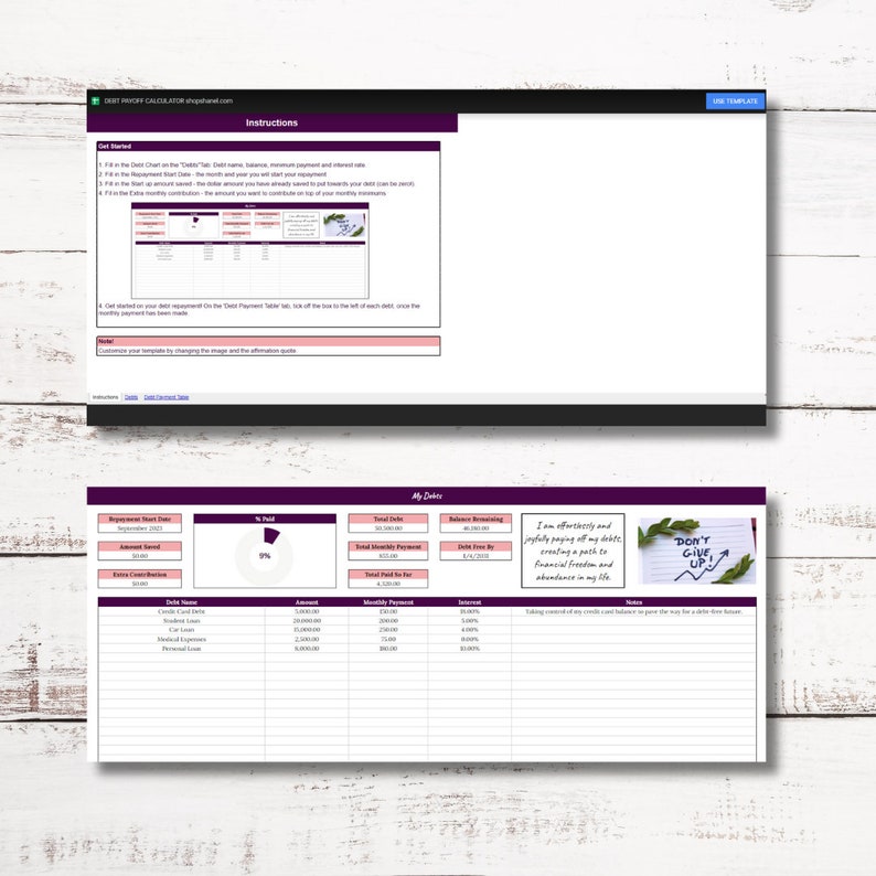 May include: A printable debt payoff tracker worksheet with a purple and pink color scheme. The worksheet includes sections for debt name, amount, monthly payment, interest, and notes. The worksheet also includes a motivational quote: "I am efficiently and joyfully paying off my debts, creating a path to financial freedom and abundance in my life."  The worksheet also includes a motivational image of a plant with the text "Don't Give Up!"