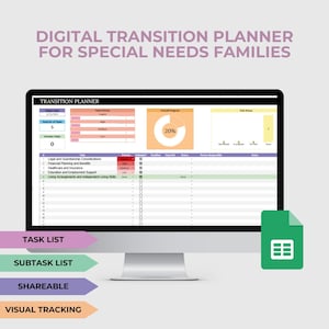 May include: A computer screen displaying a digital transition planner for special needs families. The planner includes a task list, subtask list, and visual tracking. The screen is 20% complete. The planner is a Google Sheet.