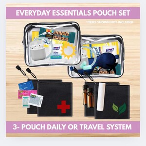 May include: A clear, zippered pouch set containing everyday essentials. The set includes two clear pouches filled with items like snacks, wipes, and sleep masks. Below are three black pouches, one with a red cross, one with essential oil bottles, and one with green leaves. Text reads "EVERYDAY ESSENTIALS POUCH SET".