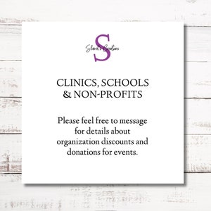 May include: A white card with purple text that reads "Shared's Creations" and "CLINICS, SCHOOLS & NON-PROFITS". The text continues with "Please feel free to message for details about organization discounts and donations for events."