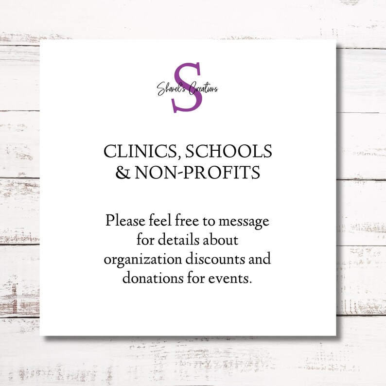 May include: A white card with purple text that reads "Shared's Creations" and "CLINICS, SCHOOLS & NON-PROFITS". The text continues with "Please feel free to message for details about organization discounts and donations for events."