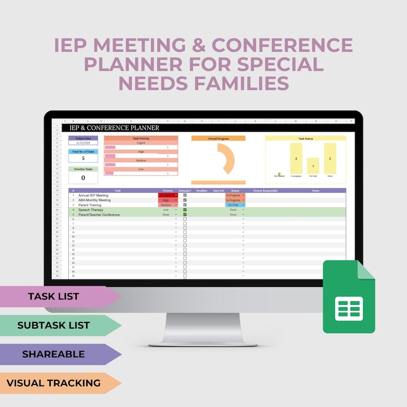 May include: A computer screen displaying a spreadsheet titled "IEP & Conference Planner". The spreadsheet is a visual tracker for tasks, subtasks, and overall progress. The spreadsheet is divided into sections for task priority, overall progress, and task status. The spreadsheet is color-coded to indicate the status of each task. The spreadsheet is designed to help families of children with special needs plan and track their child's IEP meetings and conferences.