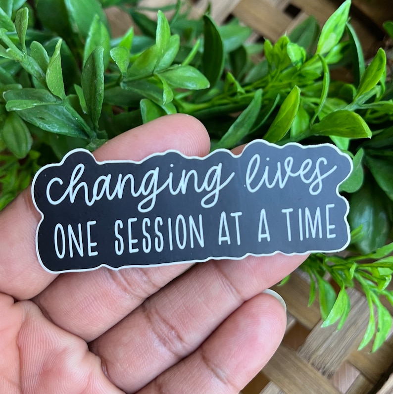 May include: Black and white sticker with the text "changing lives one session at a time".