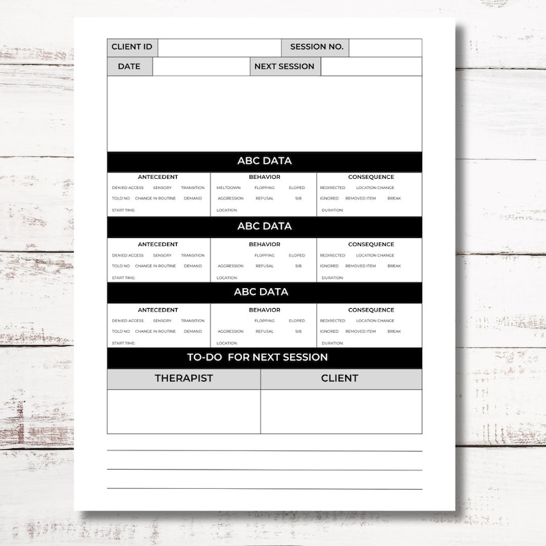 ABC Data Sheet, ABA Digital Download, Aba Session Notes, Aba Therapy ...