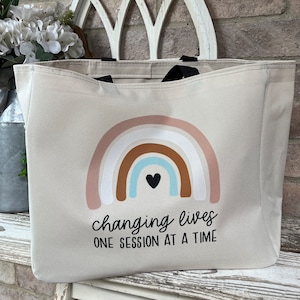 Therapist Canvas Tote Bag with Pockets, Changing Lives One Session at a Time, ABA Therapy Gift, Behavior Analyst Tote, Therapist Accessories