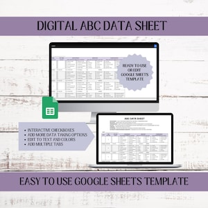 Könnte beinhalten: Eine digitale ABC-Datenblattvorlage für Google Sheets. Die Vorlage enthält interaktive Kontrollkästchen, Datenaufnahmeoptionen und mehrere Registerkarten. Die Vorlage ist einsatzbereit oder kann bearbeitet werden.