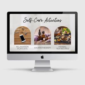 Kit de ferramentas de autocuidado digital, páginas para colorir de autorreflexão, cartões de afirmação, lista de verificação de saúde mental, receitas de autocuidado, óleos essenciais