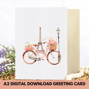 Je Parisian Bicycle Instant Download, Eiffel Tower Greeting Card, Feminine Stationery, Vintage French Card, I’d Rather Be In Paris