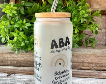 ABA Sticker Glass Cup, Changing Lives One Session at a Time Tumbler, ABA Therapy Cup, Behavior Analyst, Glass Cup with Bamboo Lid and Straw