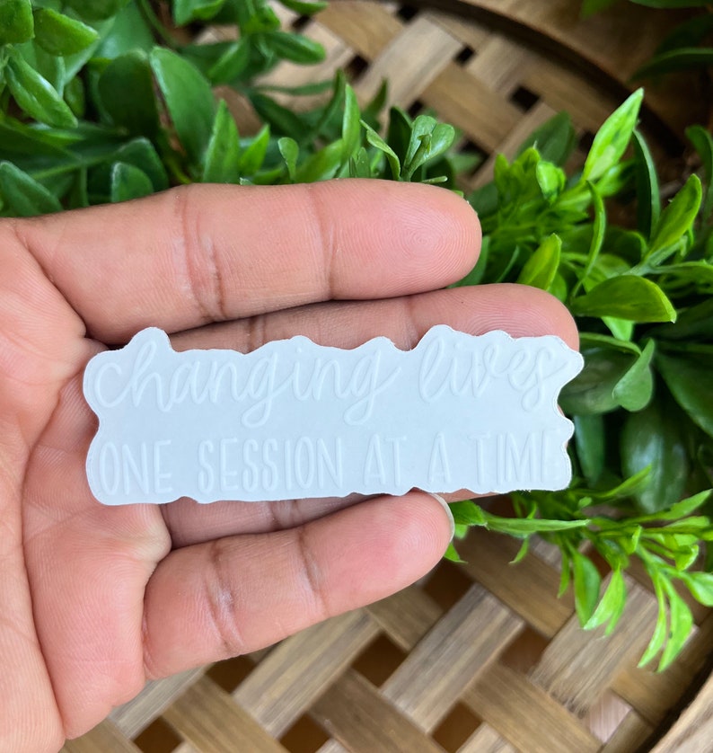 May include: White sticker with a wavy border that reads "changing lives one session at a time".