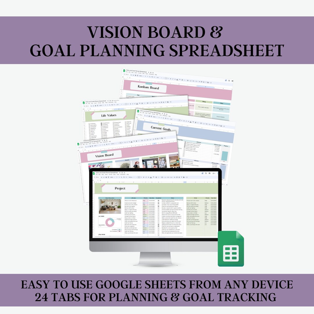 Vision and Goals Planner Spreadsheet, Digital Vision Board, Digital ...