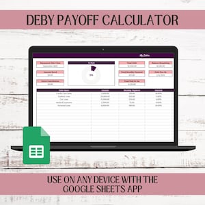 May include: A laptop screen displaying a Google Sheets spreadsheet with a debt payoff calculator. The spreadsheet includes fields for debt name, amount, monthly payment, and interest. The spreadsheet also includes a pie chart showing the percentage of debt paid off. The text "DEBY PAYOFF CALCULATOR" is at the top of the spreadsheet. The text "USE ON ANY DEVICE WITH THE GOOGLE SHEETS APP" is at the bottom of the spreadsheet.