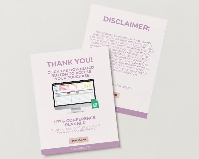 May include: A pink and white printable IEP and conference planner with a computer screen displaying a spreadsheet. The text "Thank You! Click the download button to access your purchase" is on the left side of the image. The text "Disclaimer" is on the right side of the image.