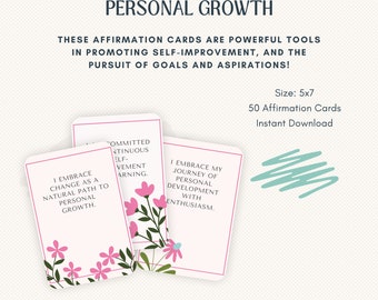 Puede incluir: Conjunto de 50 tarjetas de afirmación imprimibles con ilustraciones florales. Las tarjetas miden 12,7 x 17,8 cm y presentan afirmaciones positivas para el crecimiento personal. El texto en las tarjetas incluye frases como "Abrazo el cambio como un camino natural hacia el crecimiento personal" y "Abrazo mi viaje de desarrollo personal con entusiasmo."