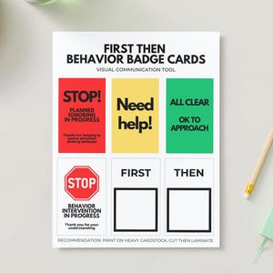 Può includere: Una stampa bianca di schede badge comportamentali con sezioni rosse, gialle e verdi. La stampa include le parole "STOP!", "Need help!" e "ALL CLEAR". La stampa è uno strumento di comunicazione visiva.