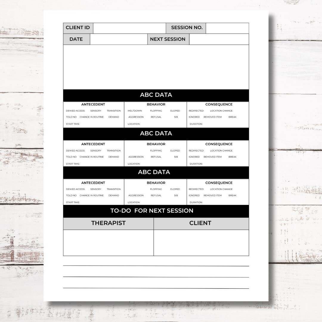 ABA Data Session Notes, ABC Data Log, Therapy Session Note, Aba Therapy ...