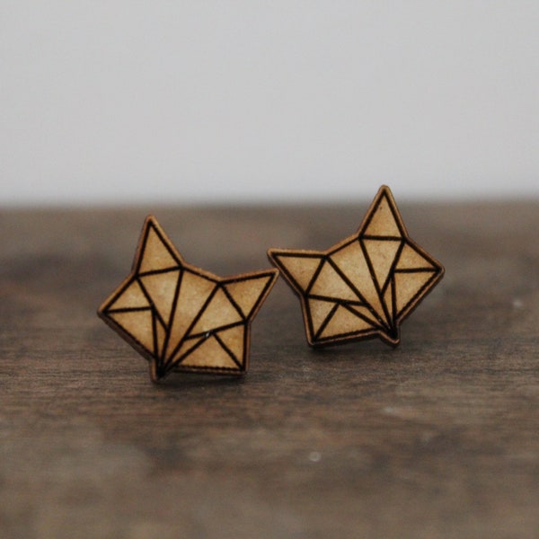 Geometric fox stud earrings, gifts for her, animal jewelry, minimalist women's earring, natural wood nature woodland creature laser cut stud