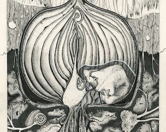 "Fine Art Giclée-Druck - ""Die Zwiebel"" Wandkunst, Landschaft, Natur, Metal Musik, Surreal, Folk, Horror B&W Zeichnung."