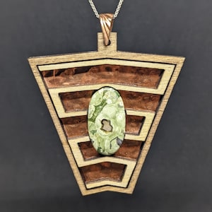 Rhyolite Rainforest Jasper, Copper, and Birch Necklace OOAK Pendant