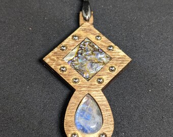 Abalone, Moonstone, and Birch Necklace OOAK Pendant