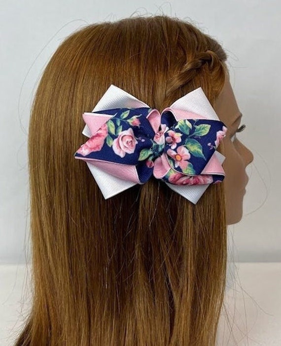 Navy and Bronze Floral Satin Hair Bow with Decorative Brooches Hyacinth hair bows and earrings? main image 4