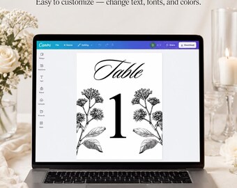 Table Number Template, Editable Wedding Table Cards, Minimalist Botanical Table Number Printable, Canva Instant Download