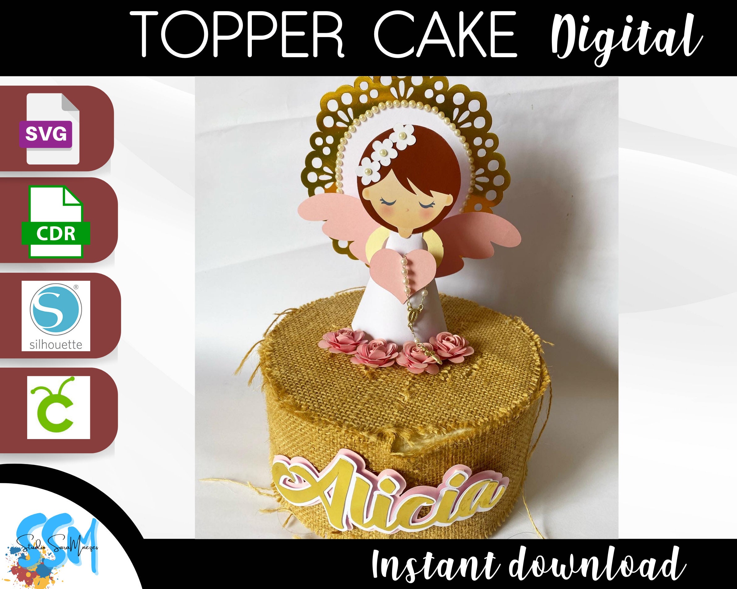 SVG , CRICUT , STUDIO Baptism Cake Topper, Girl Angel Cake Decor