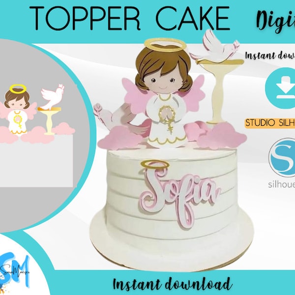 baptism cake topper girl eucharist little angel digital, silhouette, studio