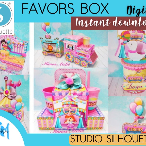 pink circus girl clown birthday Favors Boxes personalized, party Supplies tags Digital, cut file, studio , silhouett