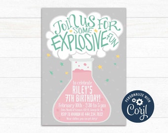 May include: A gray and pink birthday invitation with a cartoon beaker and the text "Join us for some explosive fun" to celebrate Riley's 7th birthday. The invitation includes the date, time, location, and RSVP information.