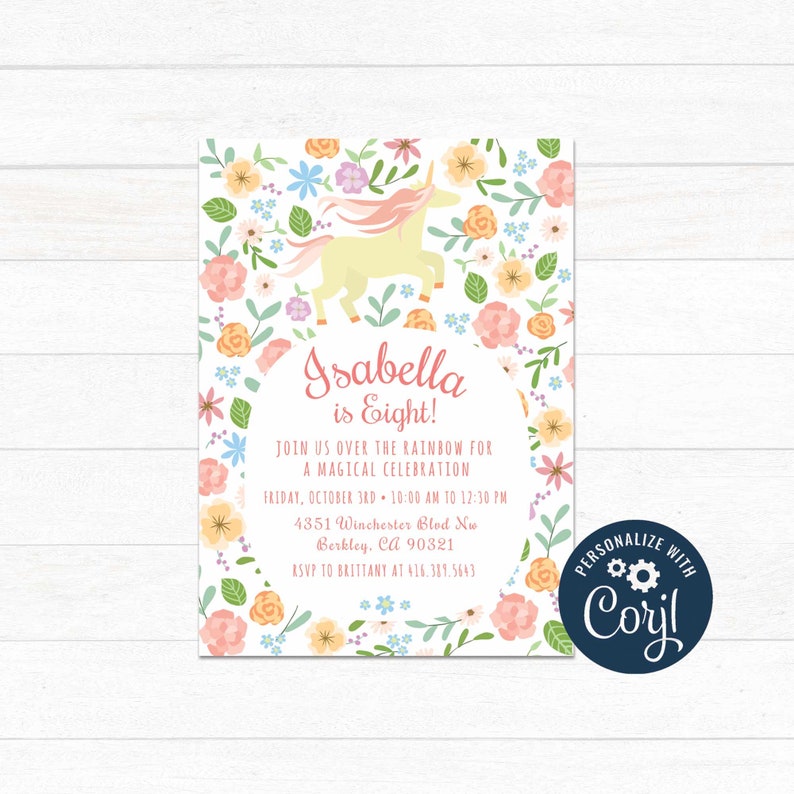 floral unicorn birthday invitation template editable baby etsy