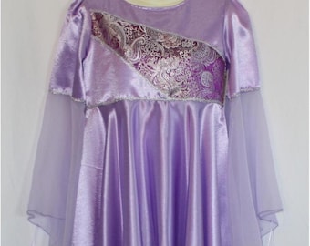 Satin Overlay w/ Purple/Silver Brocade Sword Pattern, Sheer Full-Flounce Sleeve, & Silver Trim