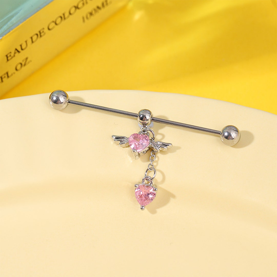 Wing Industrial Piercing Earring. Industrial Barbell, Heart Industrial