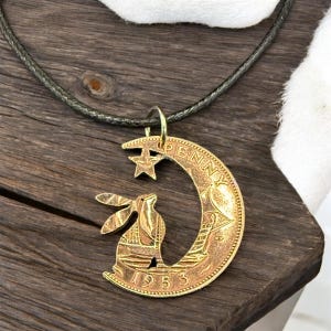 BIG EARS Hare in the Moon pendant handmade from old Halfpenny coins, Moon Gazing hare jewellery, Hare necklace made from recycled old coins