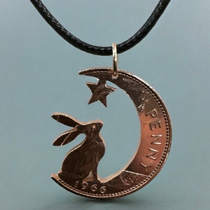 BIG EARS Hare in the Moon pendant handmade from old coins, Moon Gazing hare jewellery, Hare necklace made from recycled old coins pagan