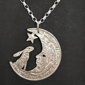 ハンドカットスターリングシルバーコインペンダント：ウサギ、月、星のネックレスシルバーハーフクラウン