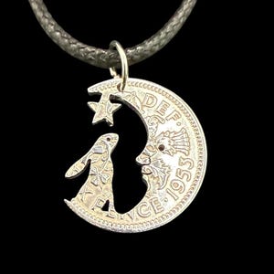 Pagan Hare in the Moon jewellery pendant handmade from old coins, Moon Gazing hare jewellery, Hare necklace made from recycled old Sixpence