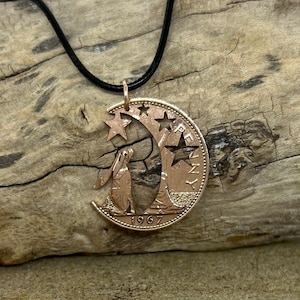 Hare in the Moon pendant handmade from old coins, Moon Gazing hare jewellery, Hare necklace made from recycled old coins pagan