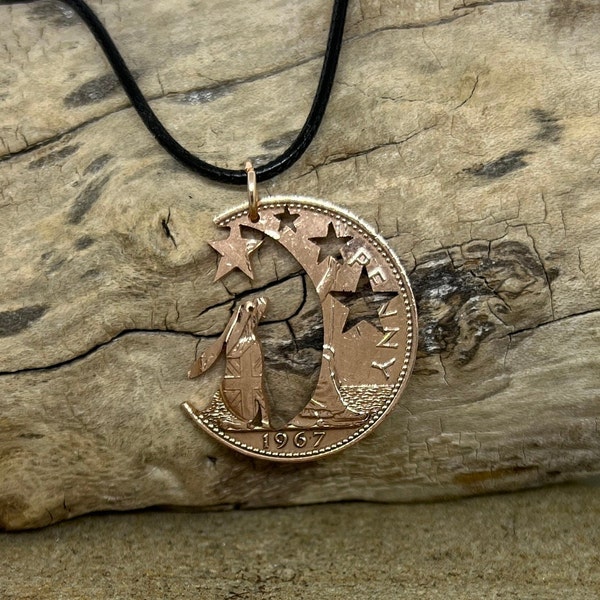 Hare in the Moon pendant handmade from old coins, Moon Gazing hare jewellery, Hare necklace made from recycled old coins pagan