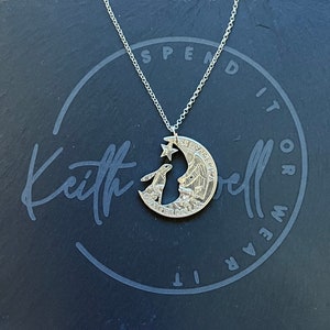 Hare in the Moon pendant handmade from old silver quarter coins, Moon Gazing hare jewellery, Hare necklace made from recycled old coins