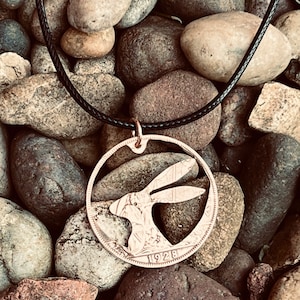 pendant, rabbit in the Moon handmade from old coins, Moon Gazing rabbit jewellery, Hare necklace made from recycled old coins pagan