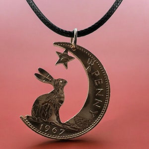 BIG EARS Hare in the Moon pendant handmade from old coins, Moon Gazing hare jewellery, Hare necklace made from recycled old coins pagan
