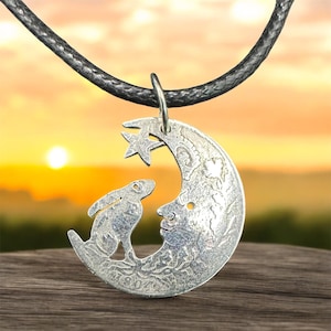Pagan 925 Silver coin Hare and the Moon jewellery pendant handmade from old coins, Moon Gazing hare jewellery 925 silver