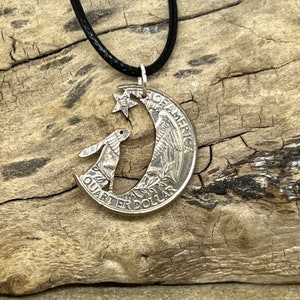 Hare in the Moon pendant handmade from old  quarter coins, Moon Gazing hare jewellery, Hare necklace made from recycled old coins pagan