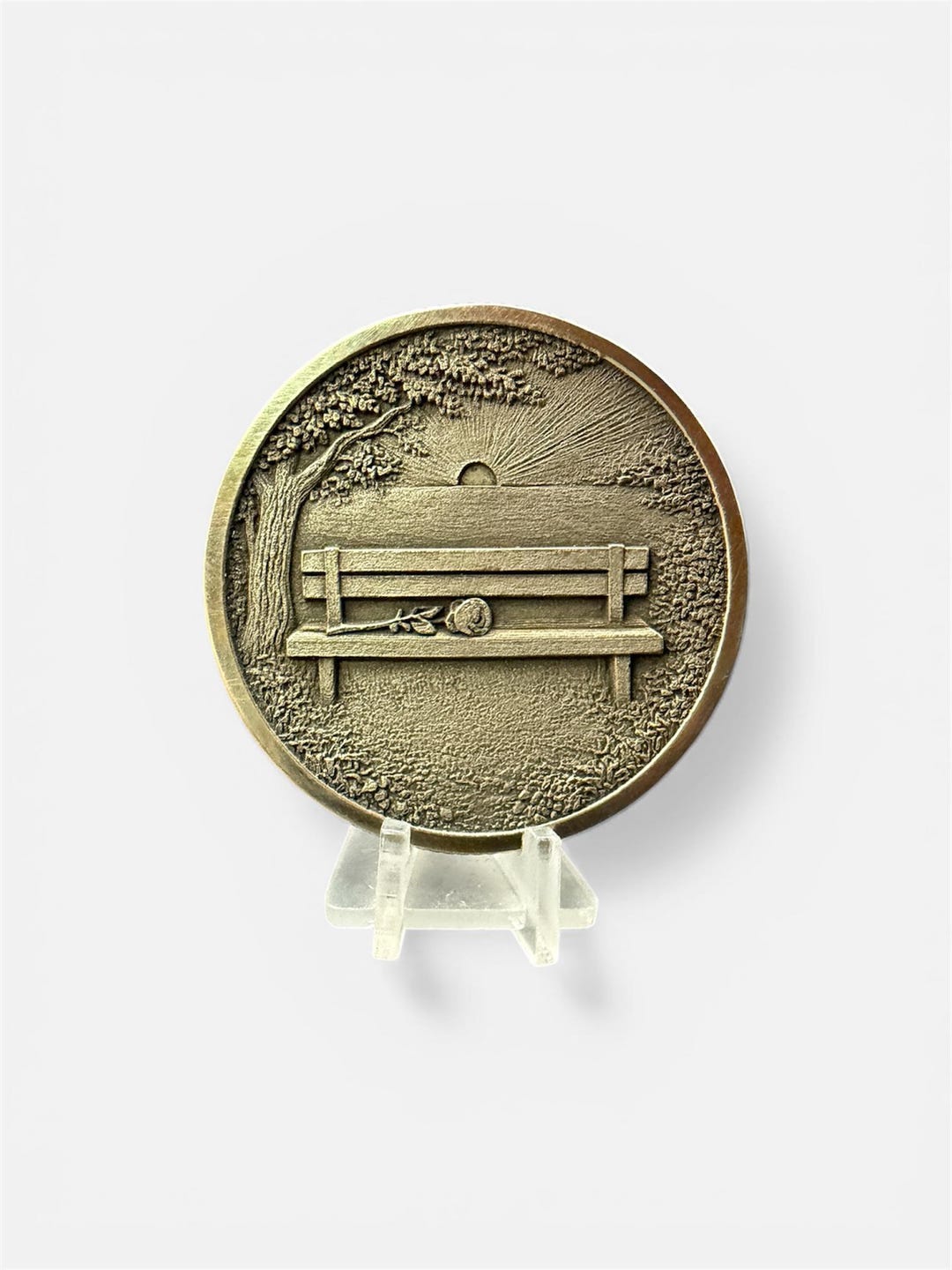 Memorial Bench Coin – 40mm Brass Keepsake Token, Sunset Rose Design - Etsy