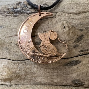 Cute Mouse on the Moon pendant handmade from old coins, Mouse Gazing jewellery,  necklace made from recycled old coins pagan