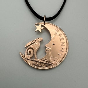 pagan Hare in the Moon jewellery pendant handmade from old coins, Moon Gazing hare jewellery, Hare necklace made from recycled old coins