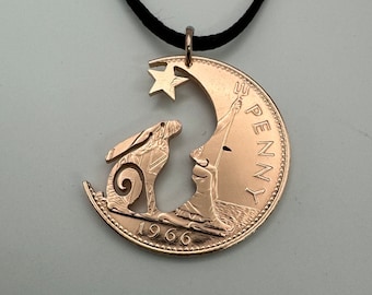 pagan Hare in the Moon jewellery pendant handmade from old coins, Moon Gazing hare jewellery, Hare necklace made from recycled old coins