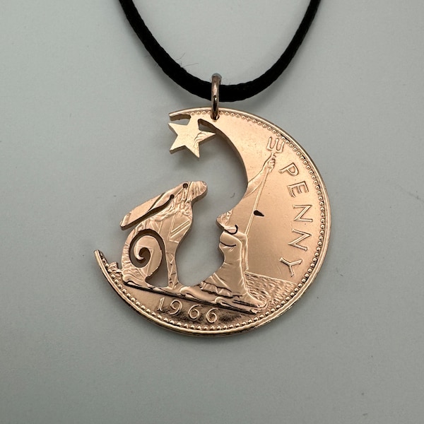 pagan Hare in the Moon jewellery pendant handmade from old coins, Moon Gazing hare jewellery, Hare necklace made from recycled old coins